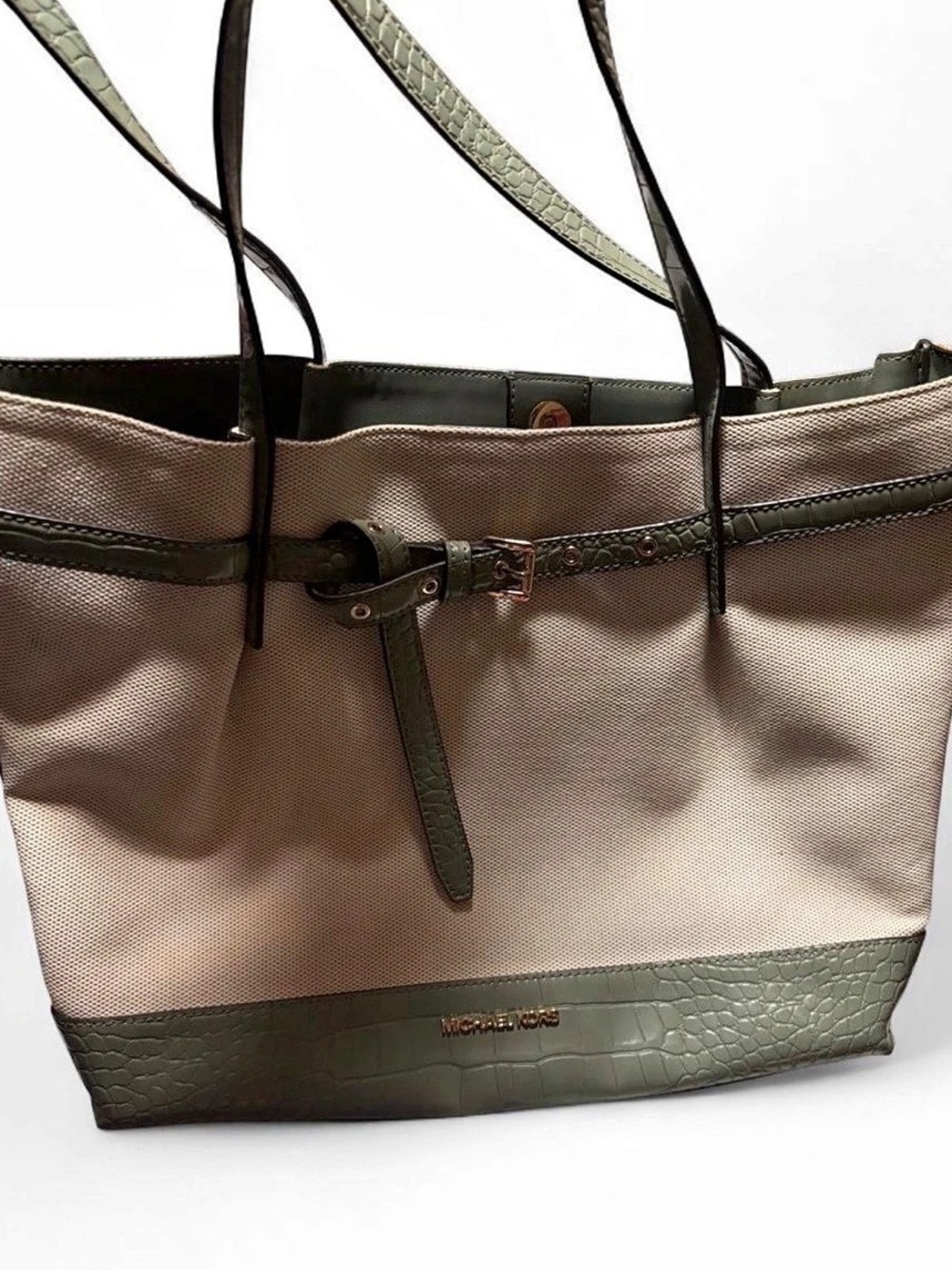 Michael Kors Emilia Large Canvas and Crocodile Embossed Tote Bag Croc-Embossed